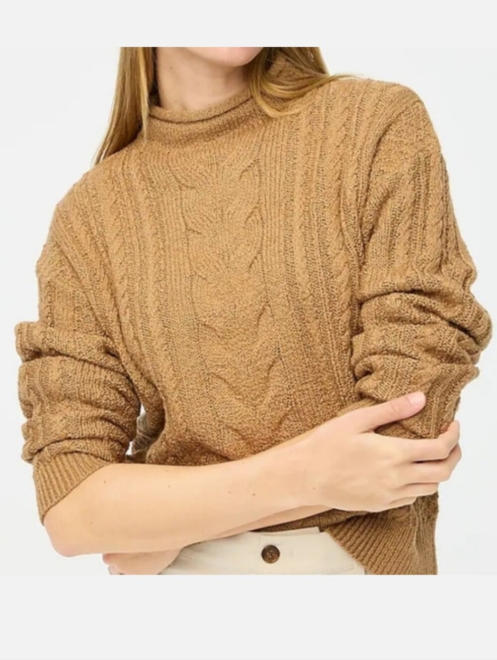 J. Crew Factory Rollneck Sweater Cable Knit Brown Camel Classic Preppy Size S